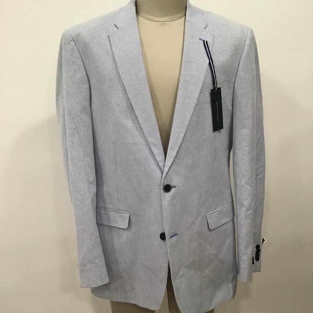 Tommy Hilfiger Mens Blazer Sports Coat Sear Sucker Blue Striped L44 Nautical - Picture 4 of 16